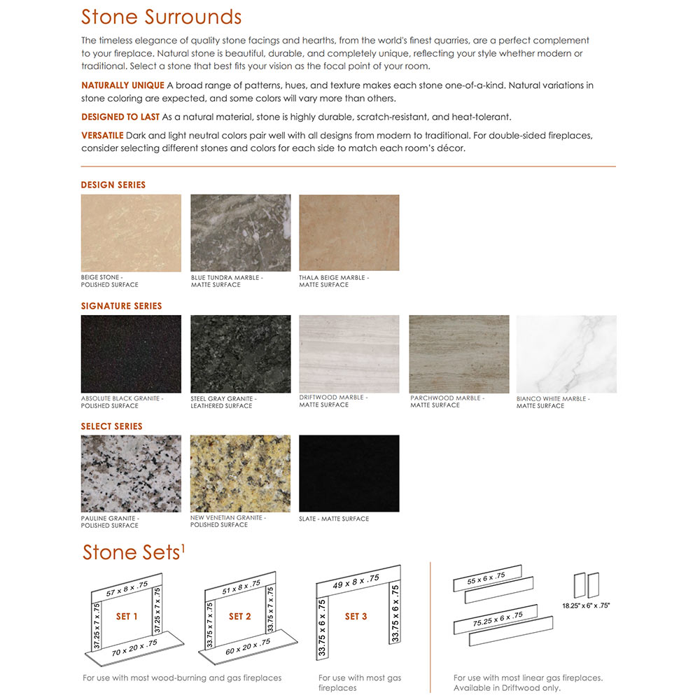 Stone surround finish swatches and measurements on display chart