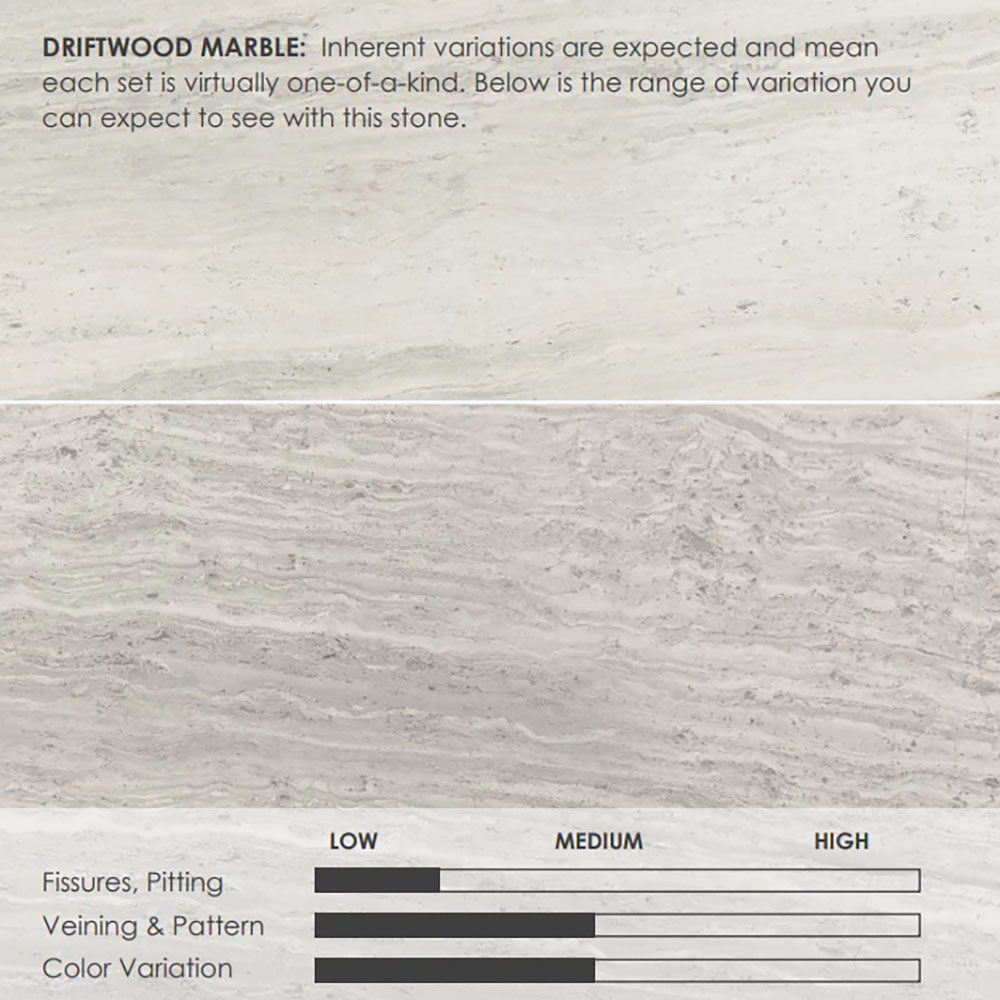 Light driftwood marble stone header sample with low-medium-high veining chart