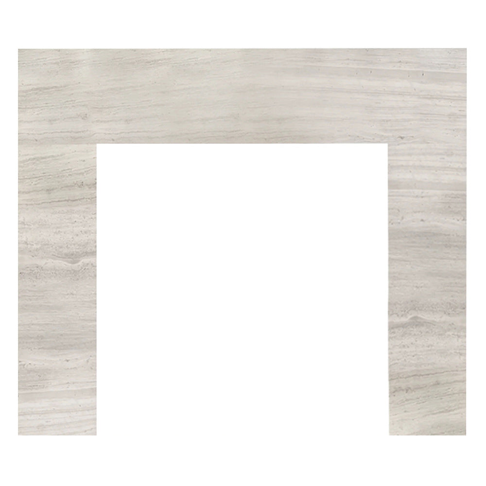 Light gray driftwood marble fireplace surround with rectangular opening