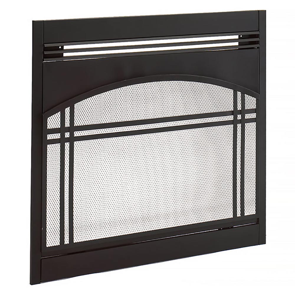 Decorative fireplace front face panel with arched mesh screen and dark metal frame