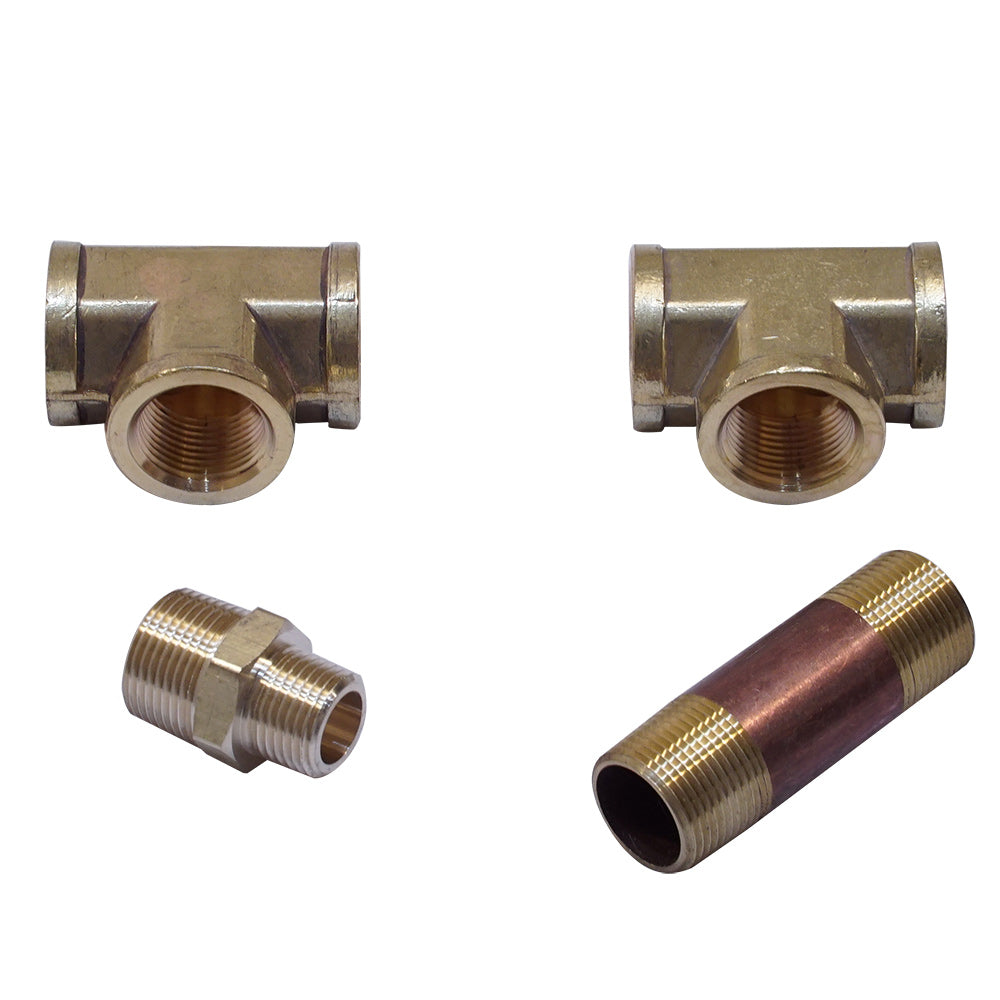 Brass pipe tee fitting with female threaded port and male adapter end, metal