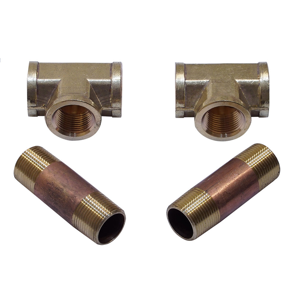 Brass-colored pipe fitting with threaded ports and two connecting tubes
