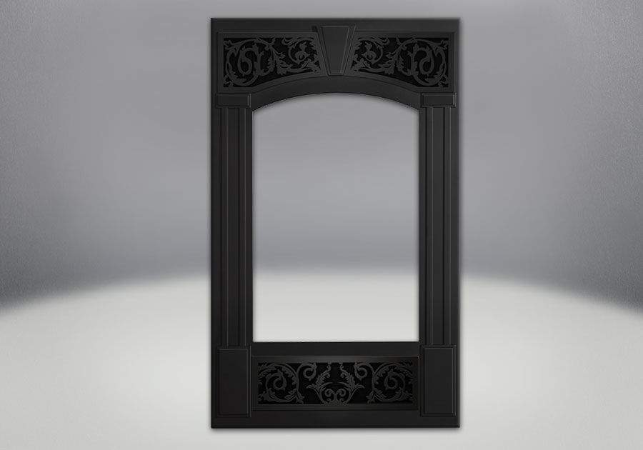 Ornate black fireplace decorative facing kit with arched glass frame