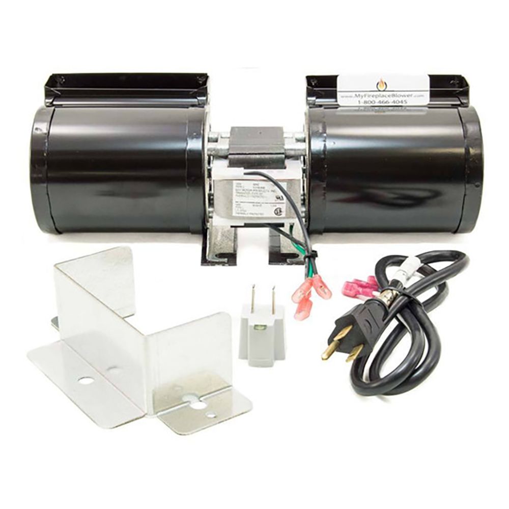 Fireplace blower fan kit with black metal blower and power cord, mounting brackets and wiring.