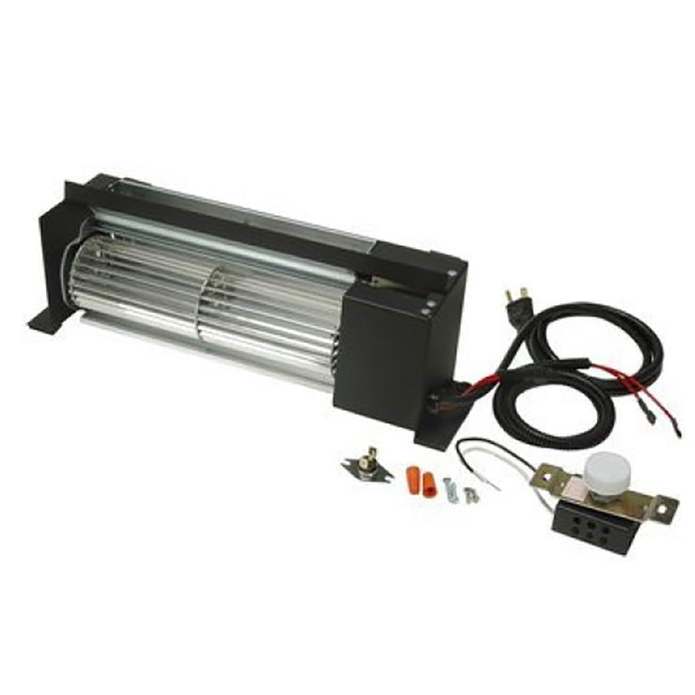 Heat-activated fan kit with black housing, metal fan blades, wiring, and mounting hardware