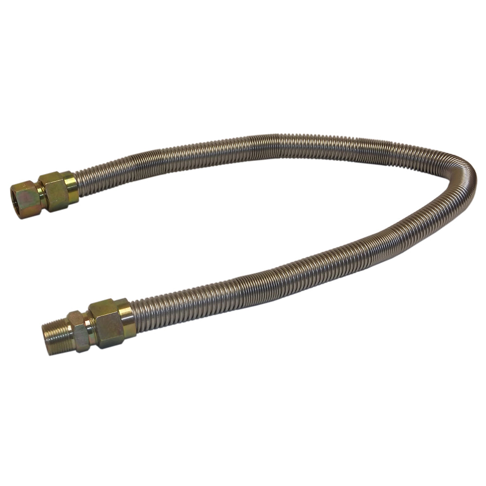 Stainless steel flex line with 3/4-inch brass end fittings, coiled hose