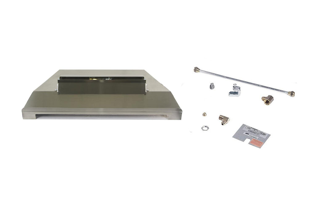 Fireplace burner kit with rectangular stainless burner pan and installation hardware components
