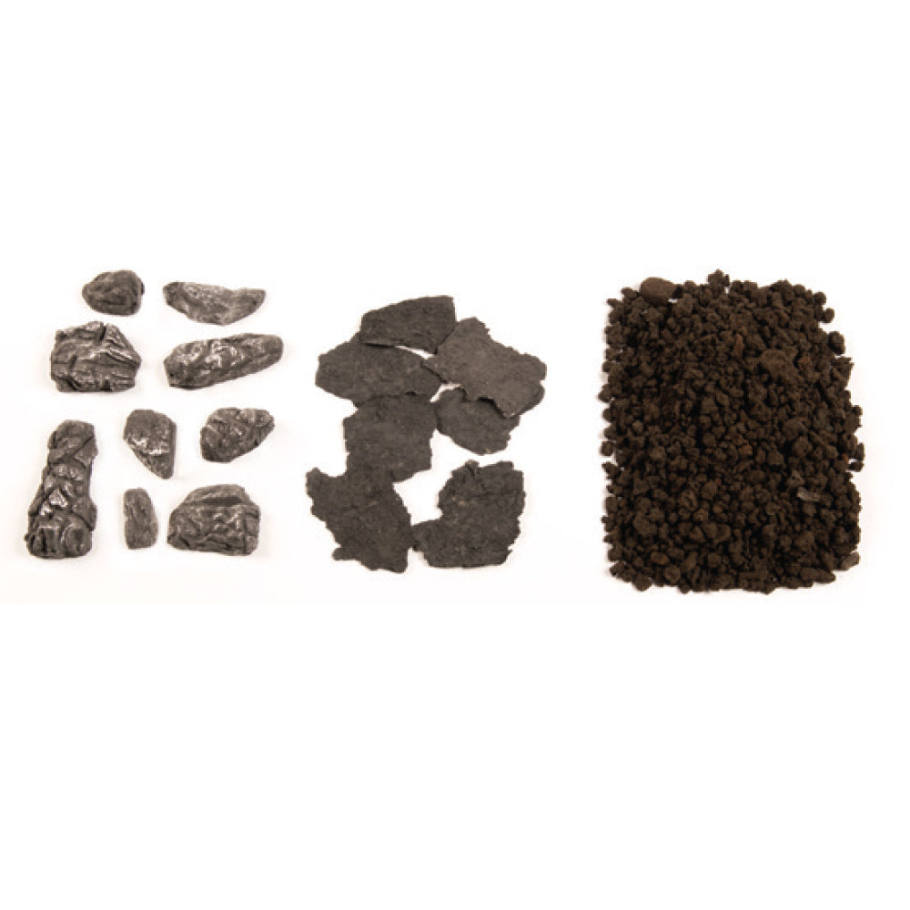 Dark lava rock and cinders media kit with loose rock pieces and granular filler