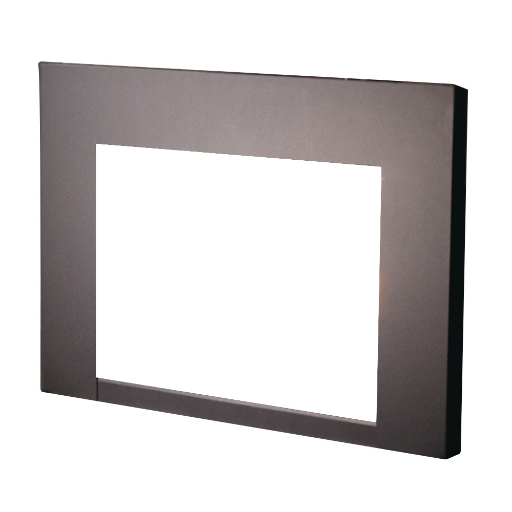 Gas fireplace insert facade, dark gray metal frame with central rectangular opening