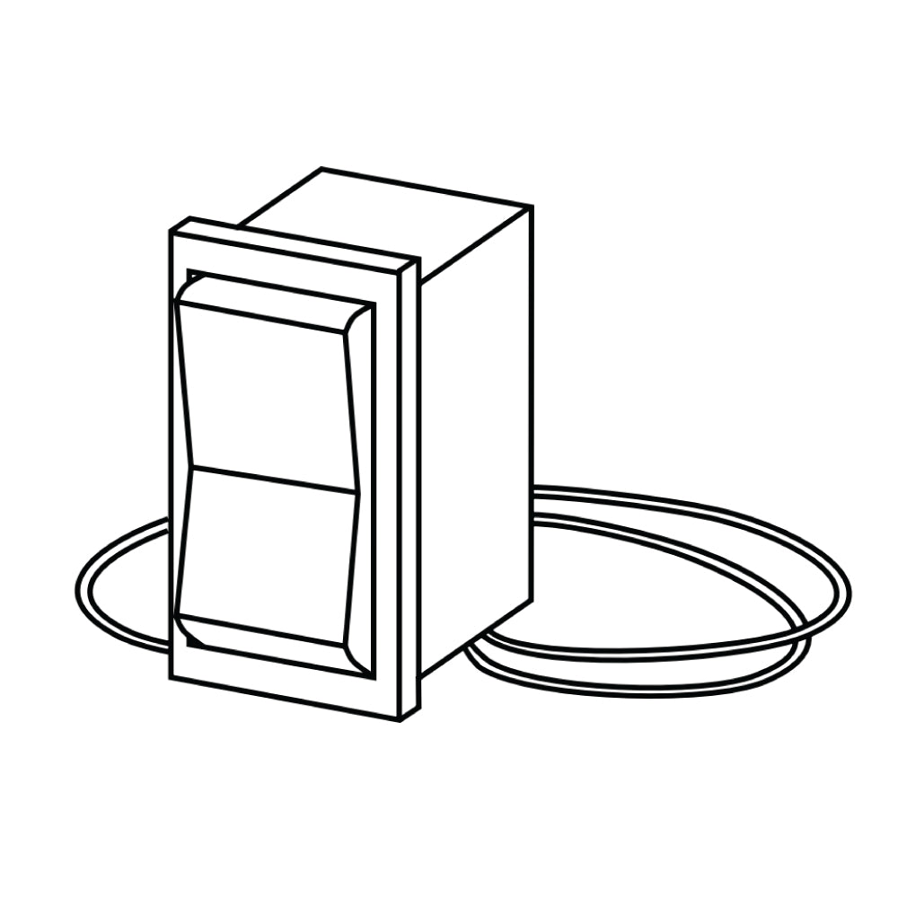 Unit-mountable rocker switch with front cover and on/off control, rectangular housing