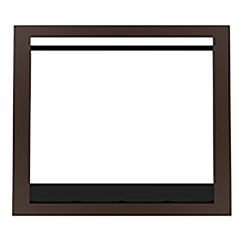 Chestnut brown fireplace front facade frame with rectangular glass opening