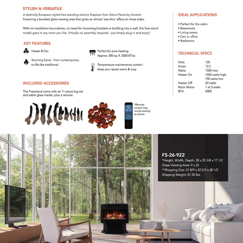 Sierra Flame by Amantii Freestand Series 26-Inch Electric Fireplace with Logs