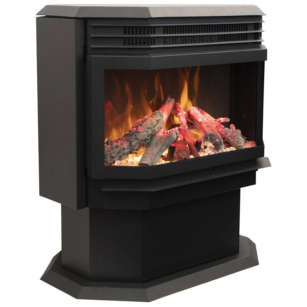 Freestanding electric fireplace with dark cabinet and glass front, glowing logs and flames