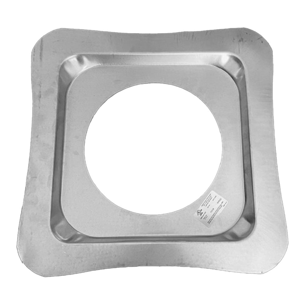 Square metal firestop plate with round flue opening, gray finish