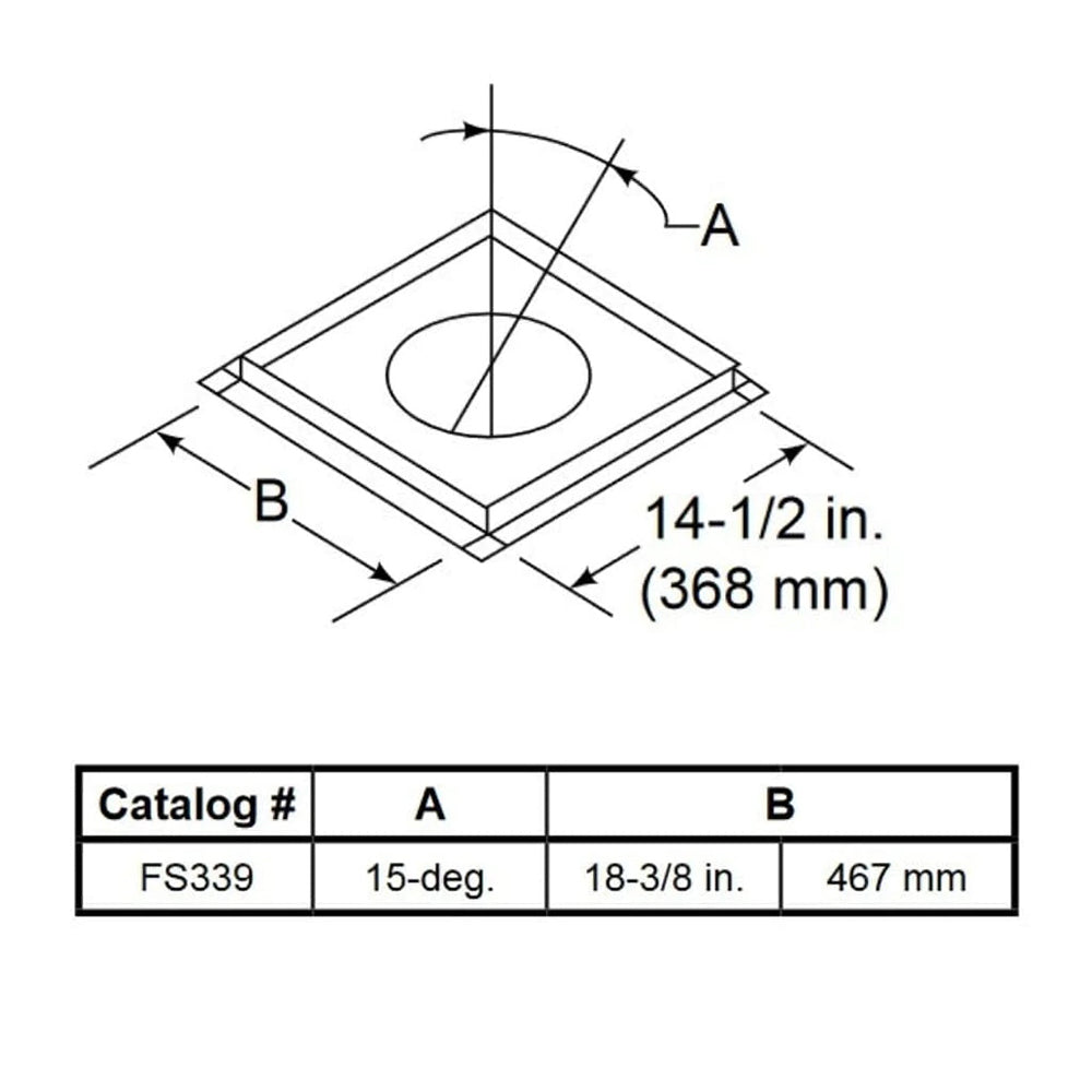 Technical diagram of 15-degree angular flue firestop flashing with dimensions
