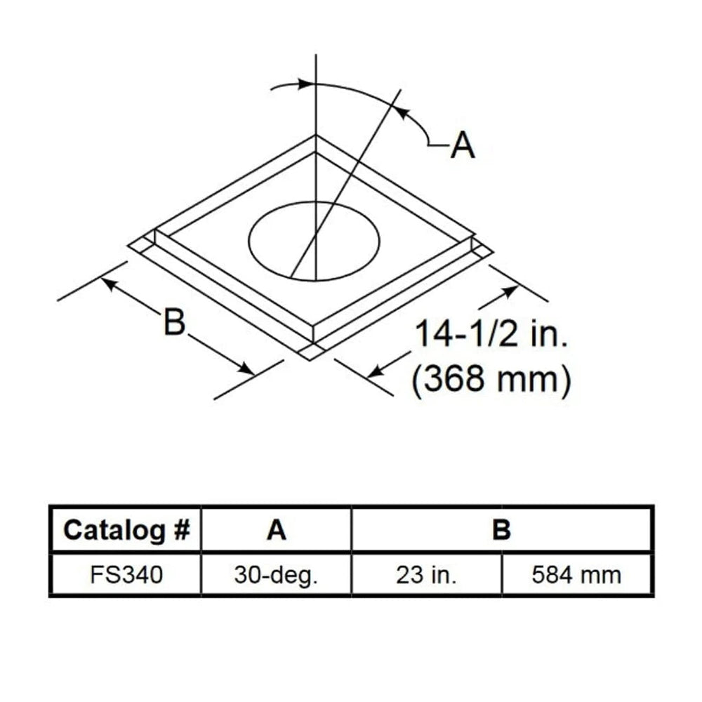 Firestop angle flue diagram with circular opening and 14-1/2 in. dimension labels.