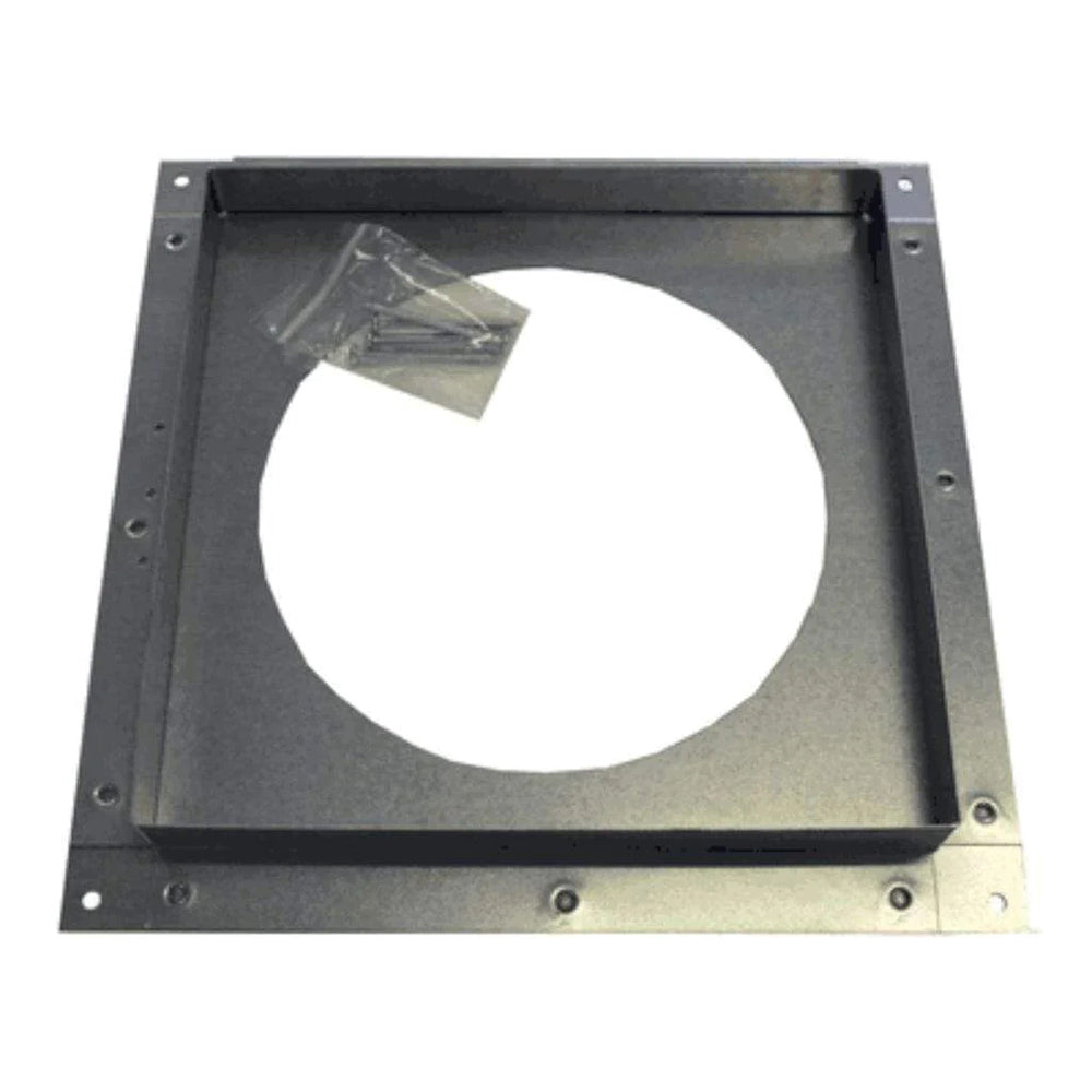Metal firestop spacer frame with round opening, square housing, dark finish