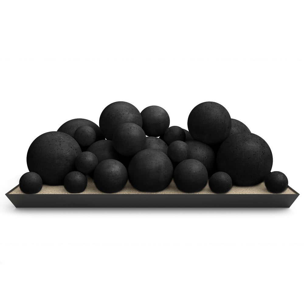 Vented glass burner kit with matte black fire spheres on metal tray