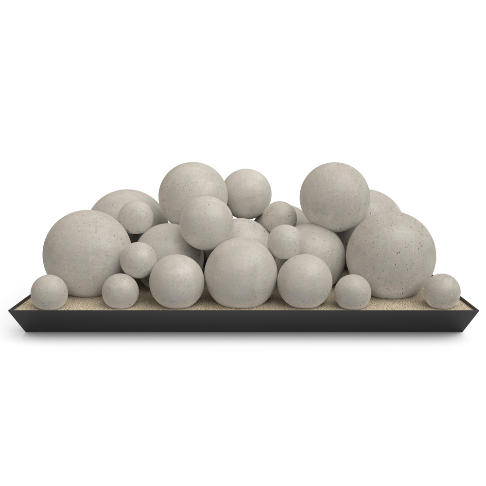 Vented glass burner kit with light gray fire spheres on metal tray