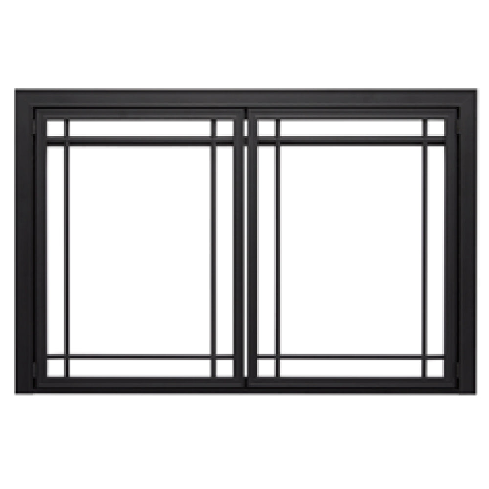 Black mission-style fireplace glass door front with divided panes in rectangular frame