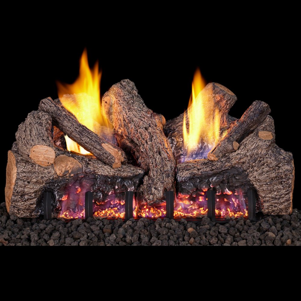 Ventless gas log set with stacked charred logs and glowing embers, burning flames