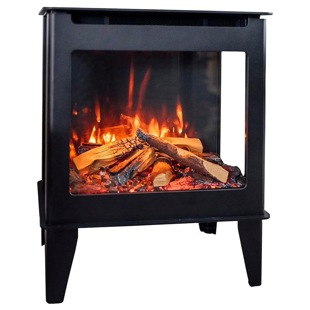 Black freestanding electric stove with glass window showing orange flames over logs
