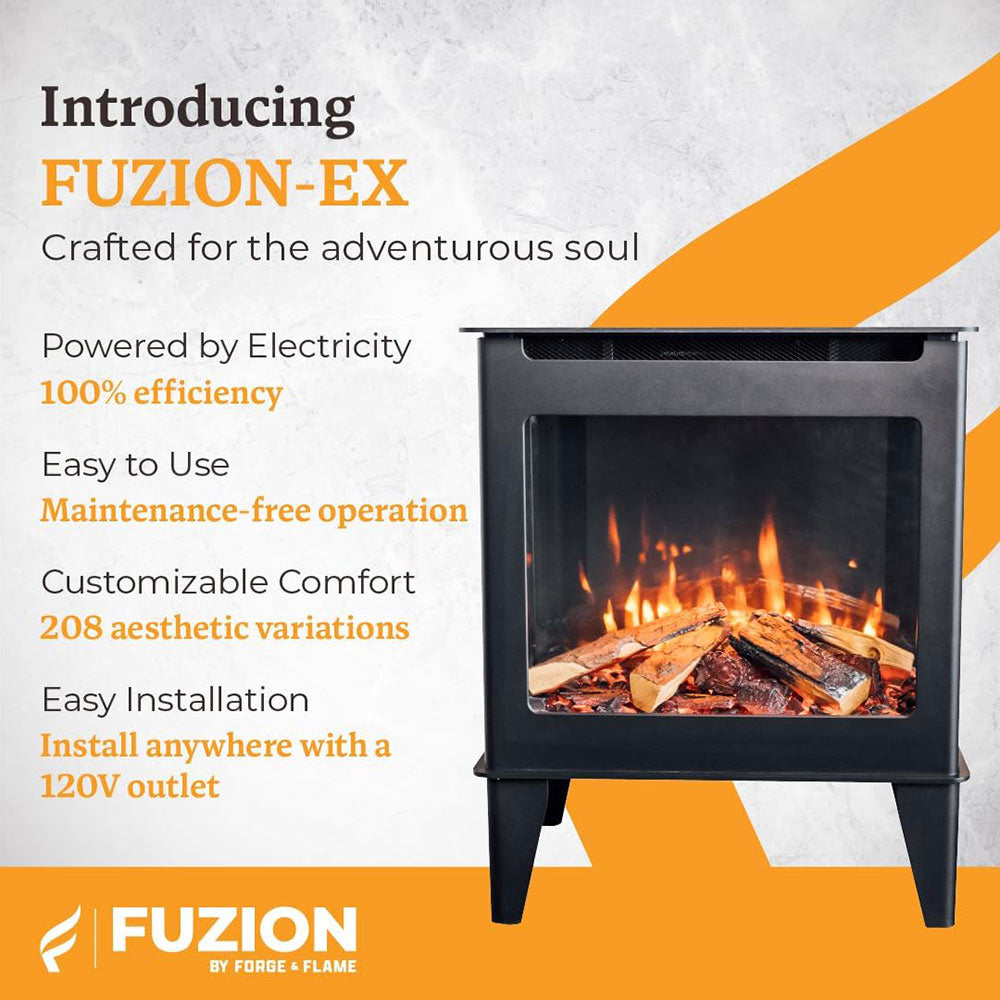 Black freestanding electric stove with front glass window and orange flames over logs
