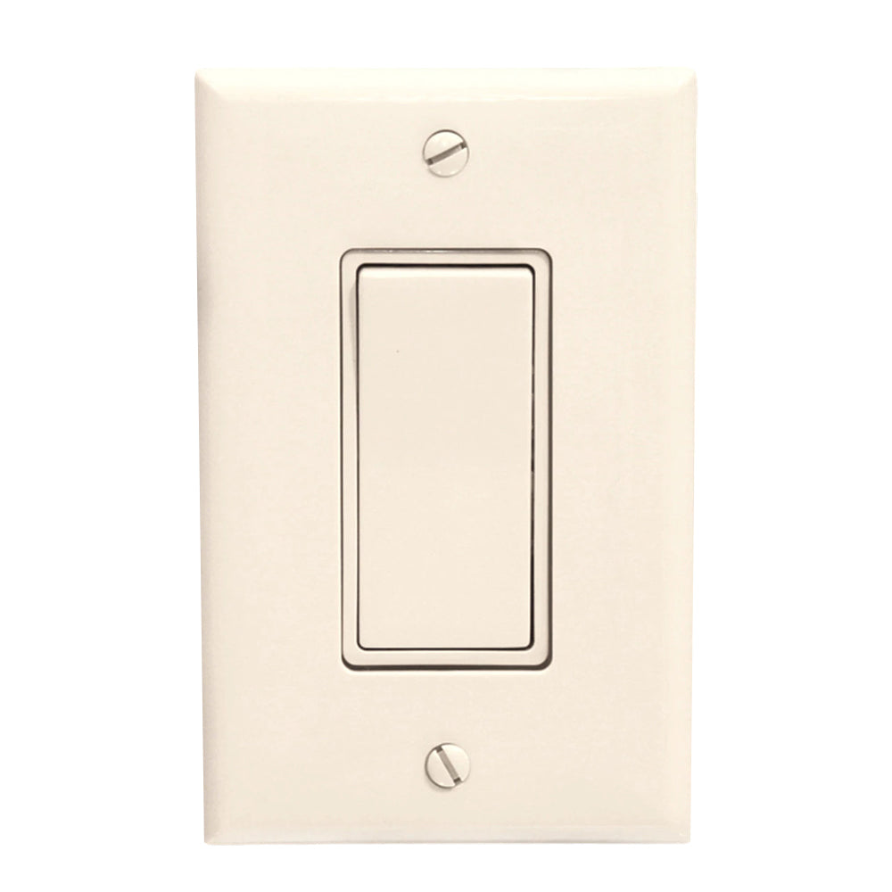 White on/off wall switch plate with rectangular switch and two round indicator buttons