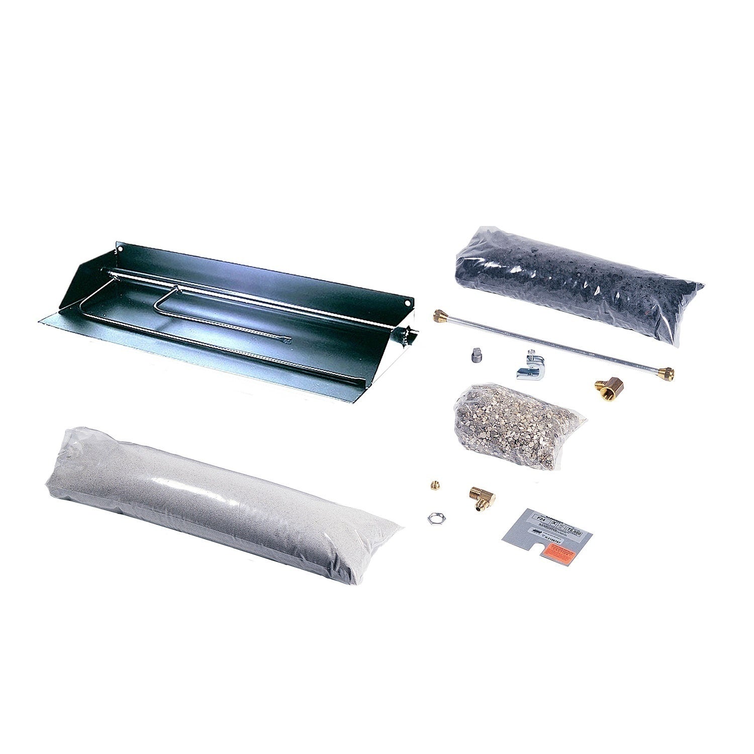 Vented gas fireplace burner tray kit with gray ember media, screws, and instruction label