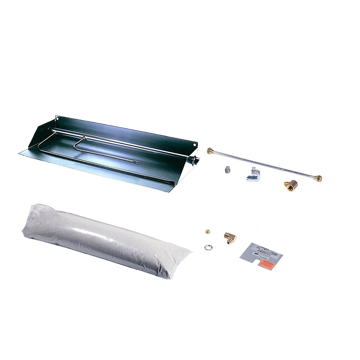 Gas fireplace burner tray kit with gray ember media, valve parts, and mounting screws