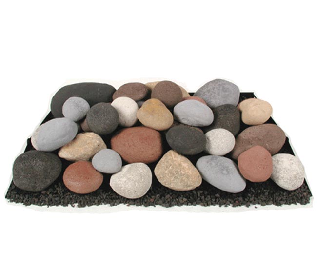 Smooth calico fire stones set: mixed light and dark pebbles on dark fabric mat