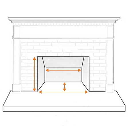 Stainless steel fireplace log set diagram with burner opening and height/width arrows