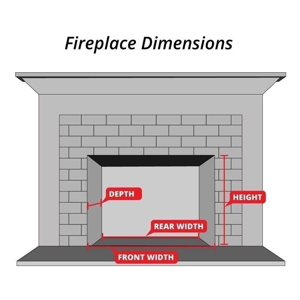 Fireplace dimensions diagram for log set showing front width, rear width, depth