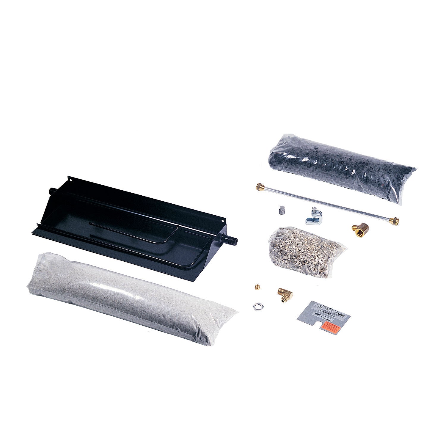 Gas fireplace burner kit with black vented burner tray, gray media wraps, and hardware parts