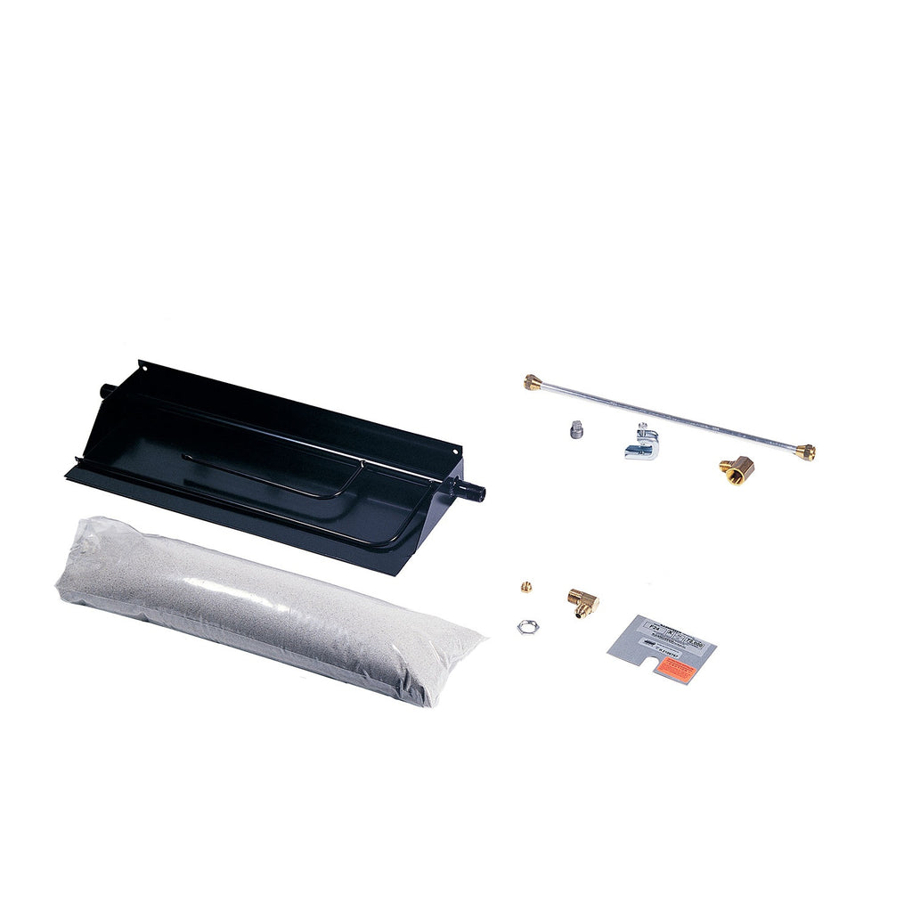 Gas fireplace burner kit set with black burner tray, gray burner media, and brass hardware