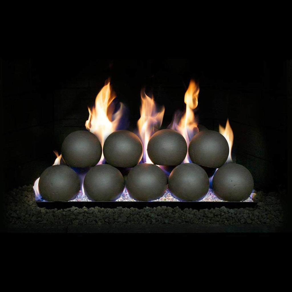 Vented glass burner kit with multiple gray fire spheres and open flames