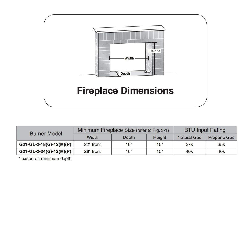 Fireplace dimensions diagram with burner model size table