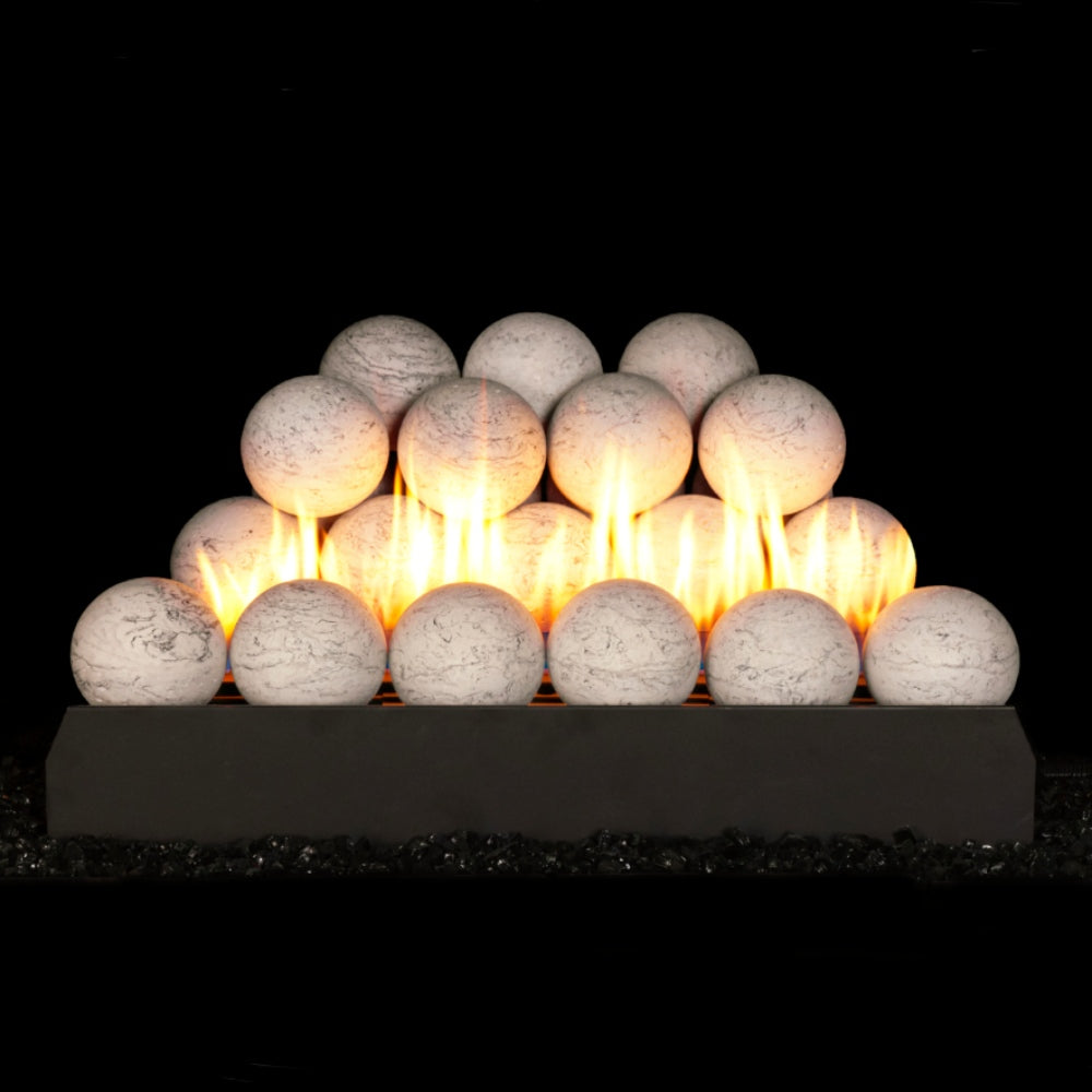 Ventless burner with light gray Fyre spheres glowing from a black base