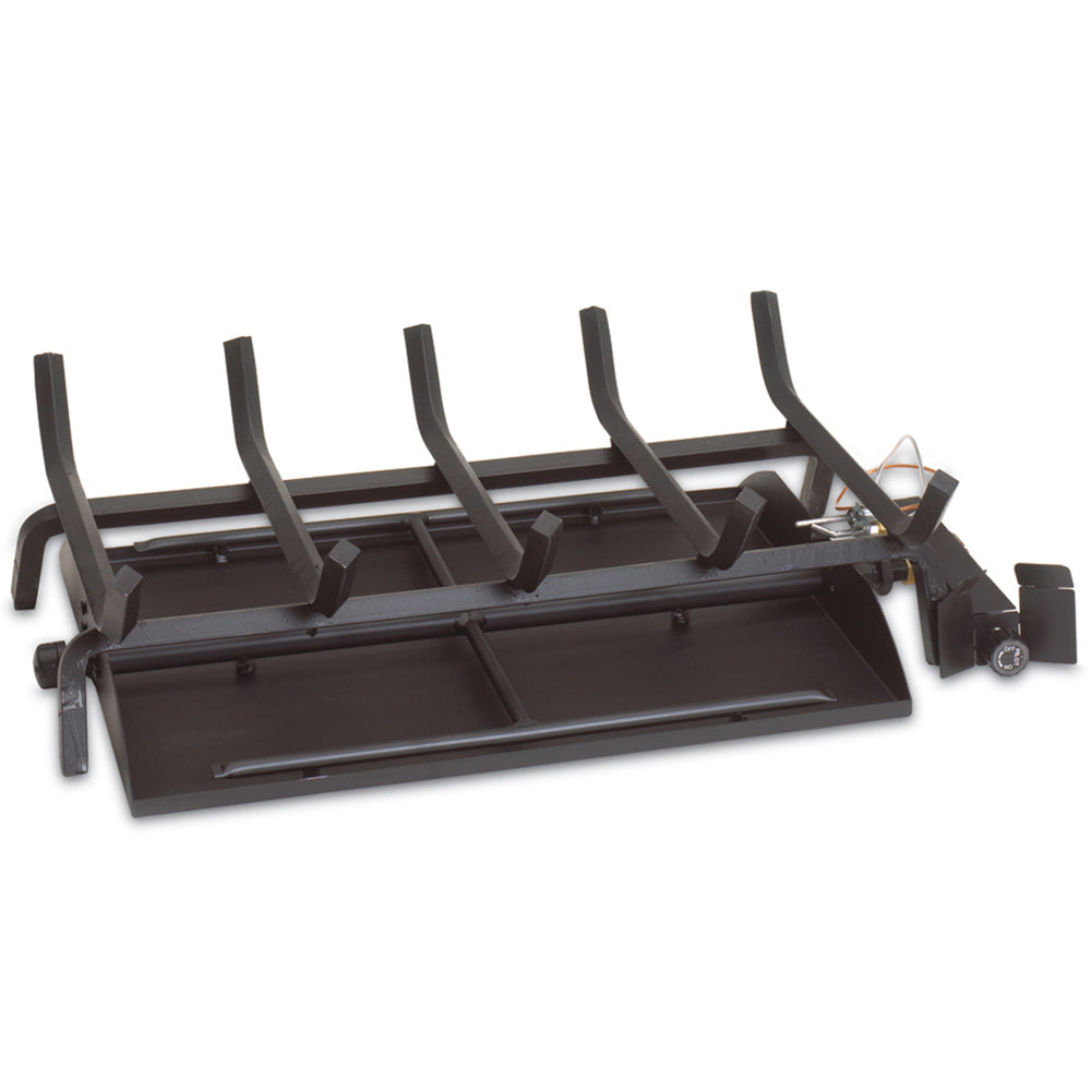 Vented burner base with log supports and control valve components