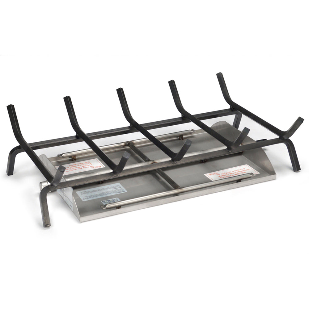 Stainless steel vented gas fireplace burner tray with black grate arms