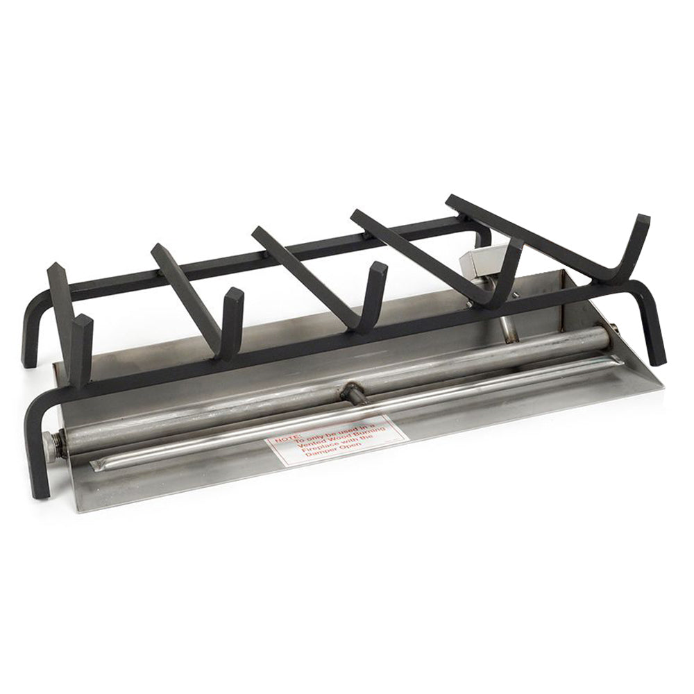 Stainless steel vented fireplace burner with black grate supports
