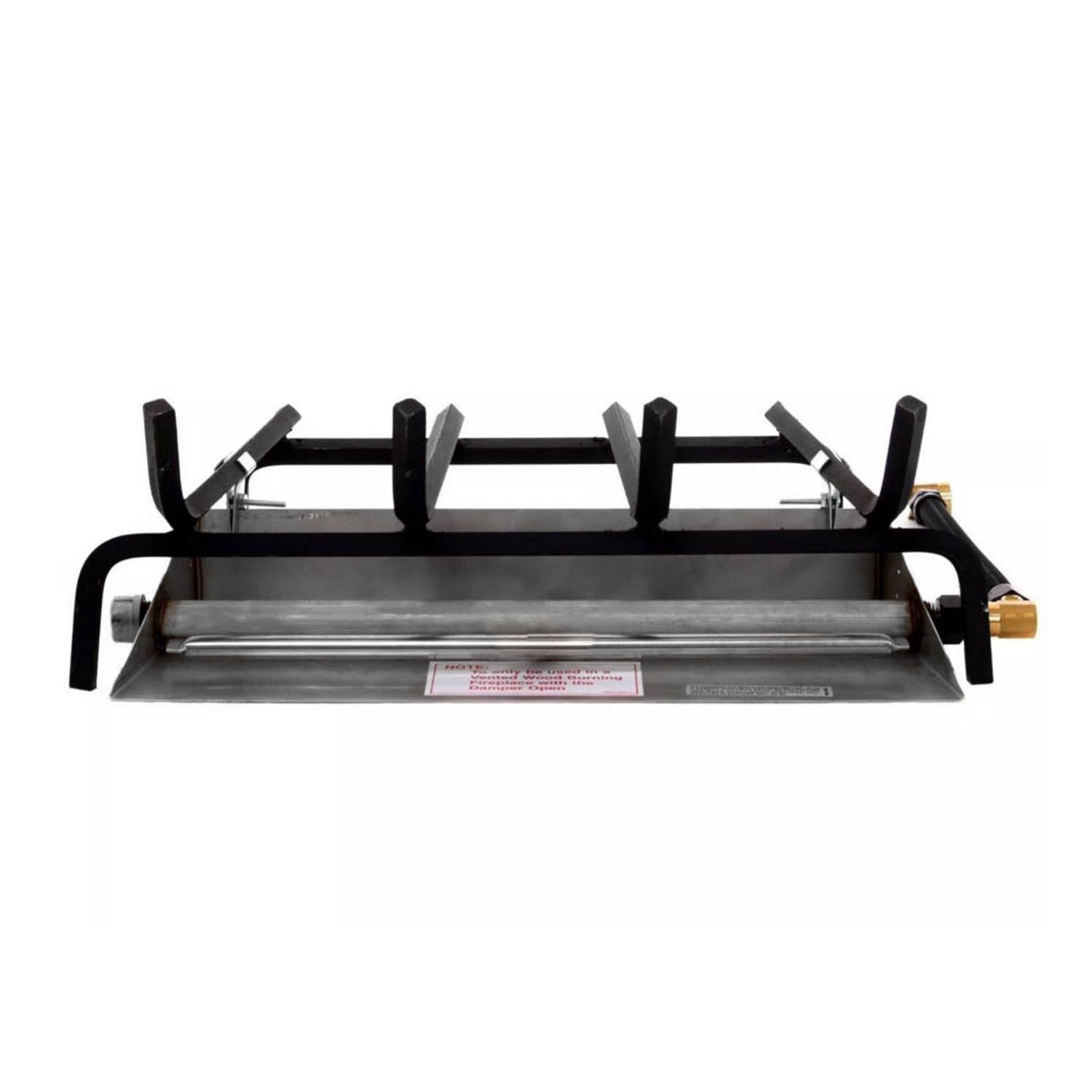 Stainless steel vented burner base with black supports and gas valve