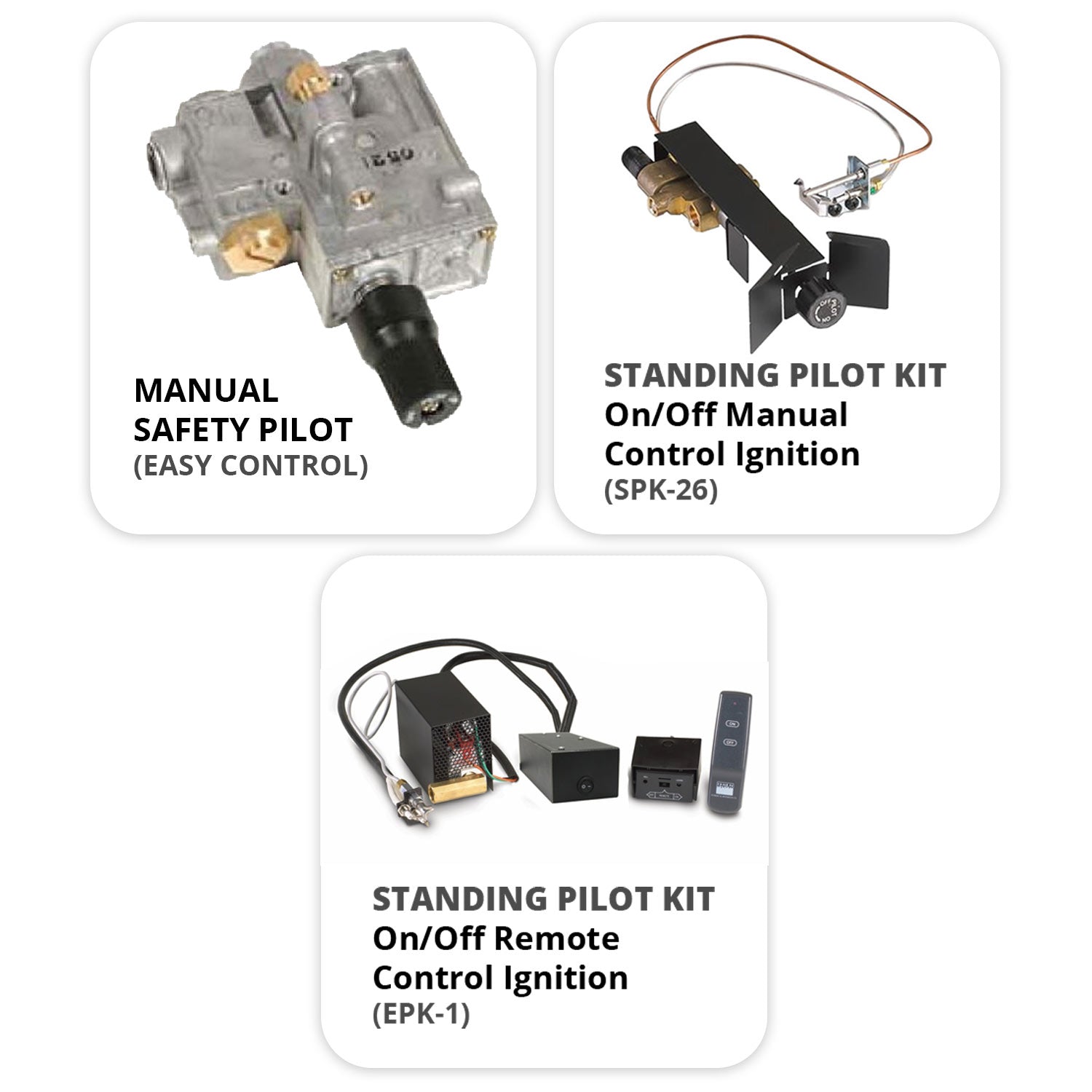 Safety pilot kits for vented gas logs: manual, standing pilot, and remote ignition