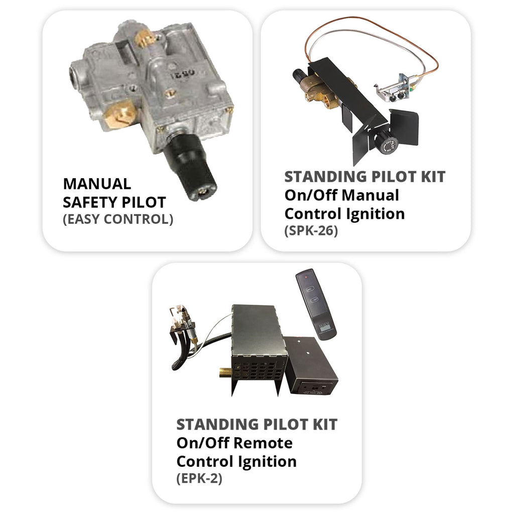 Safety pilot kit components for vented gas logs: manual, standing pilot, and remote control