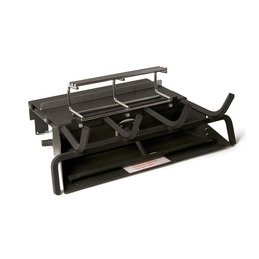 Vented gas log burner base with black metal grate and mounting supports