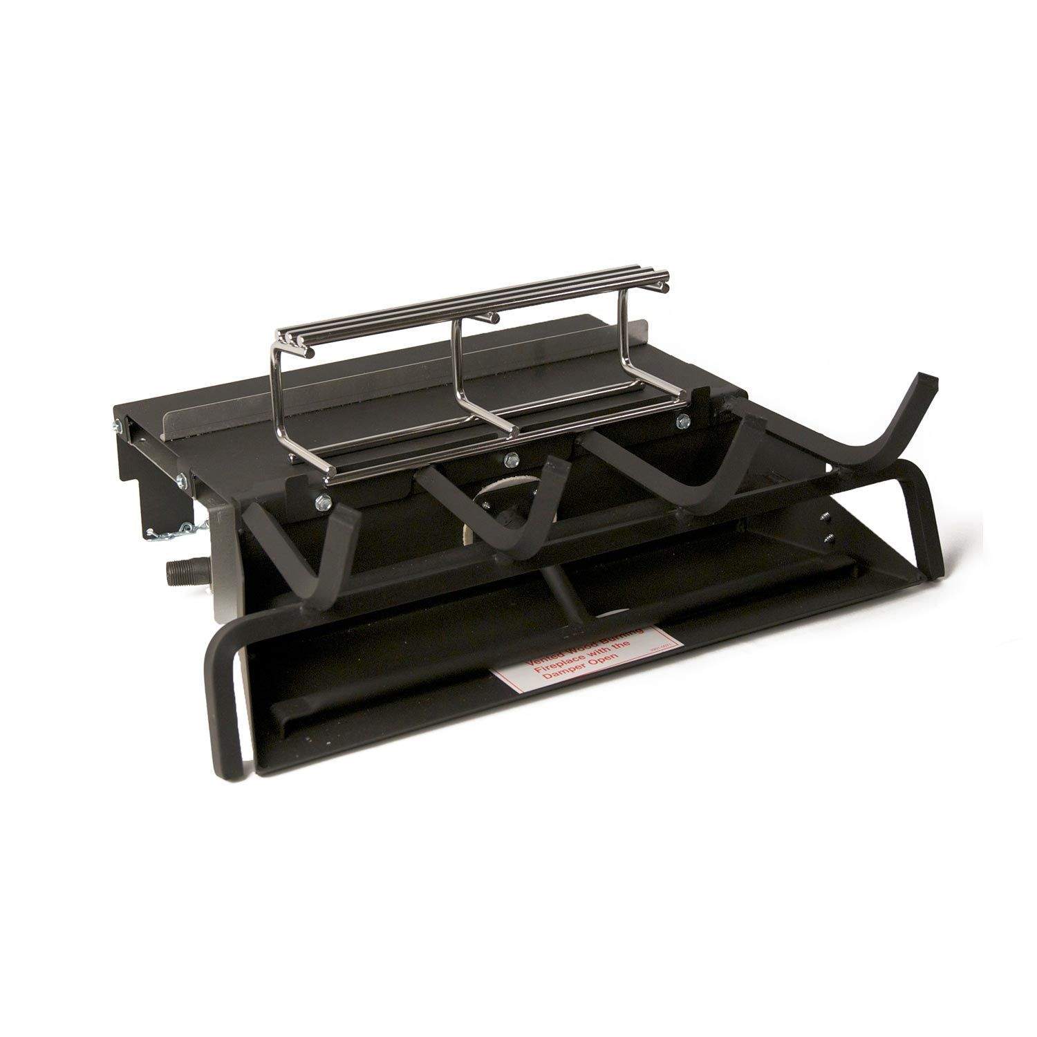 Vented gas log burner base with black metal grate and mounting supports