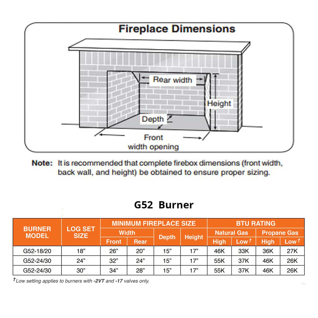 Fireplace dimensions diagram with G52 burner size and BTU rating table