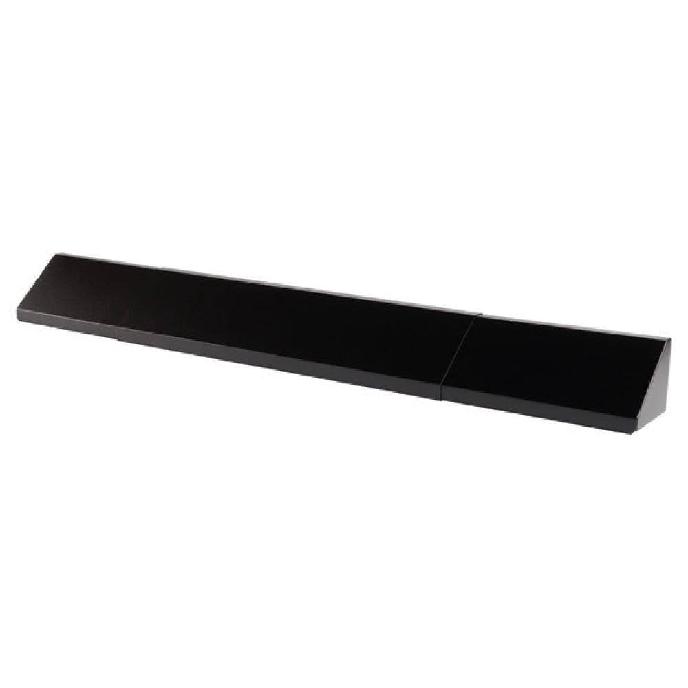 Black fireplace hood with long rectangular shape and angled front ends