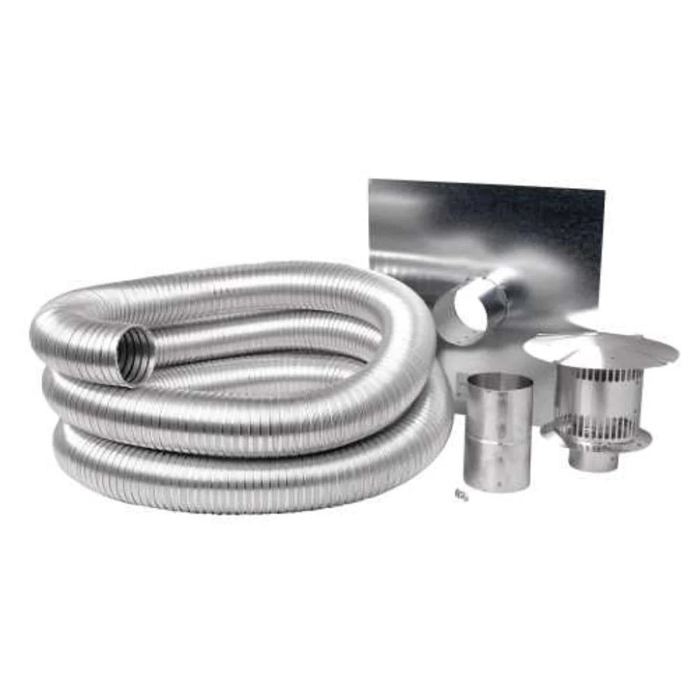 Flexible aluminum gas liner kit with coiled 6-in duct, couplers and mounting parts