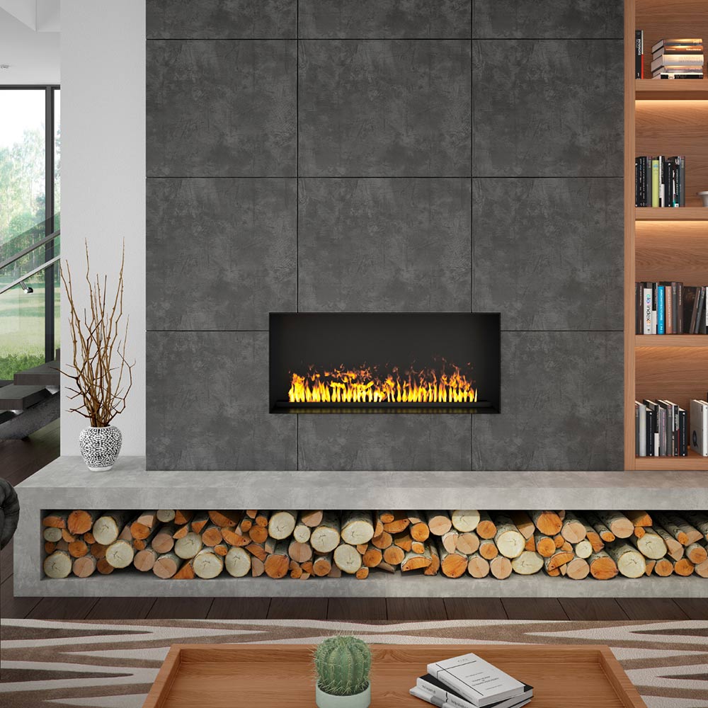 Built-in electric fireplace with dark stone surround and glowing flame insert